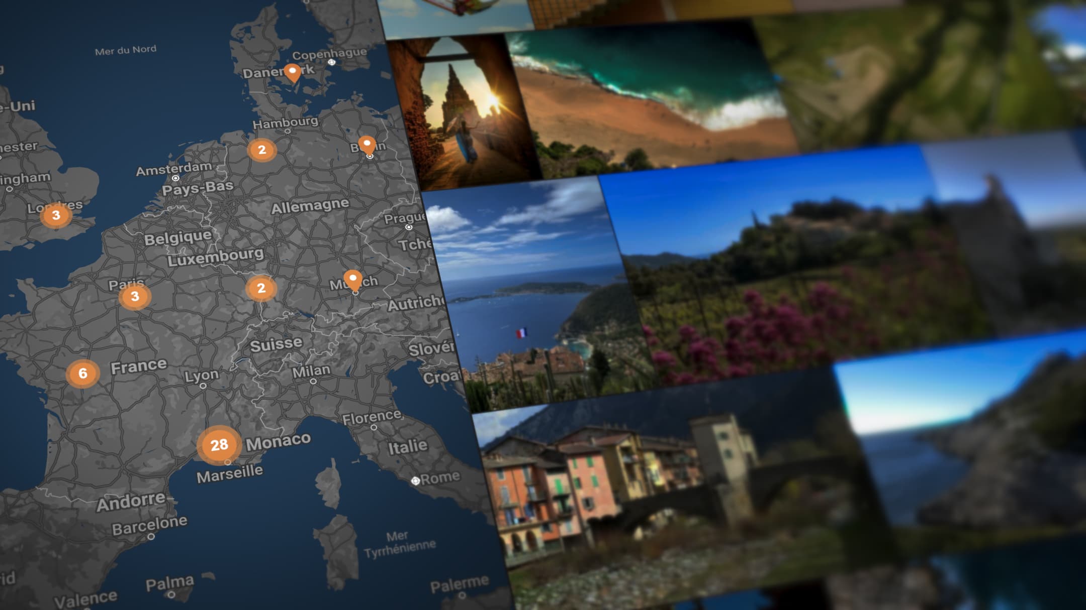 Interface de la solution de Digital Asset Mananement Ephoto Dam, montrant la localisation des médias avec une carte Maps.