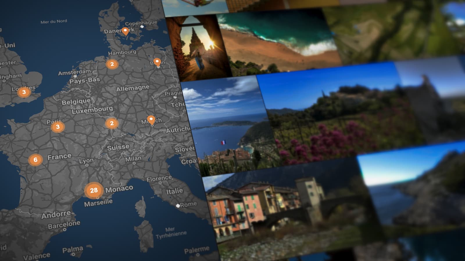 Interface de la solution de Digital Asset Mananement Ephoto Dam, montrant la localisation des médias avec une carte Maps.