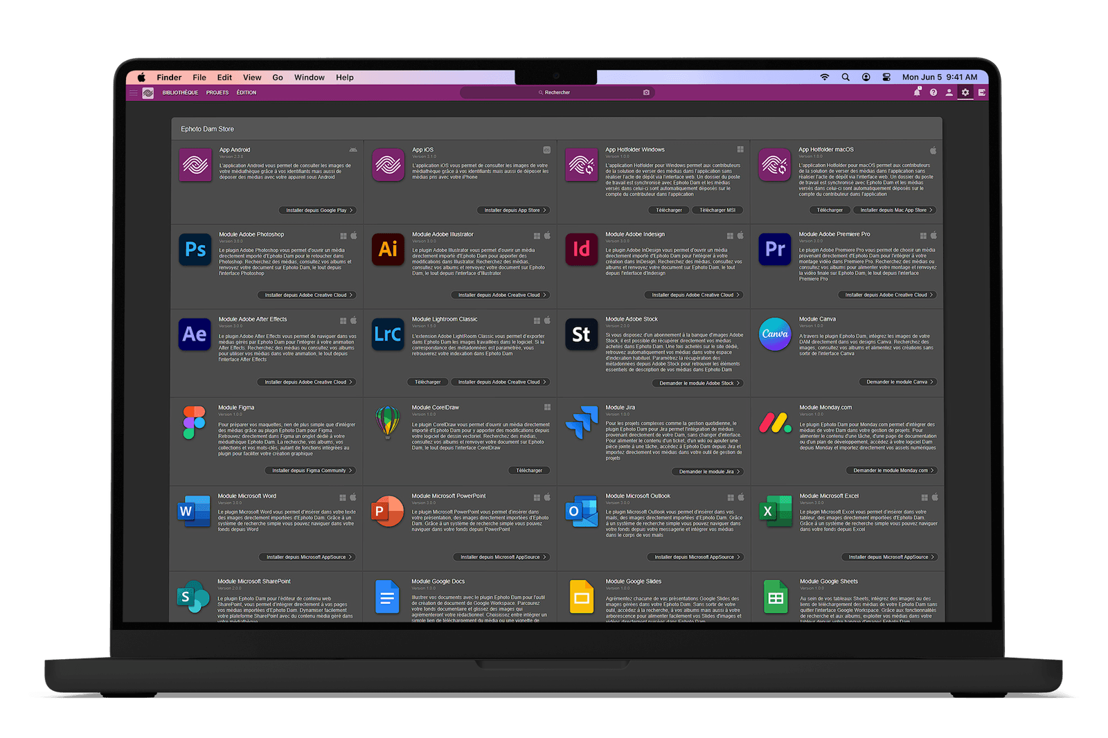 MacBook Pro affichant le store de plugins Ephoto Dam, montrant la diversité des options d'intégration de Ephoto.