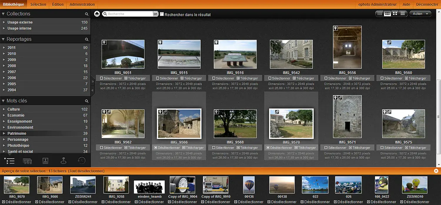 Interface du back-office du logiciel Ephoto Dam en version 3, sorti en 2011 avec ses nouvelles fonctionnalités comme la géolocalisation ou la reconnaissance faciale.