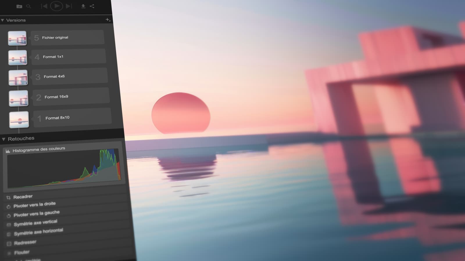 Interface de la solution de Digital Asset Mananement Ephoto Dam, montrant le versioning des digital assets.