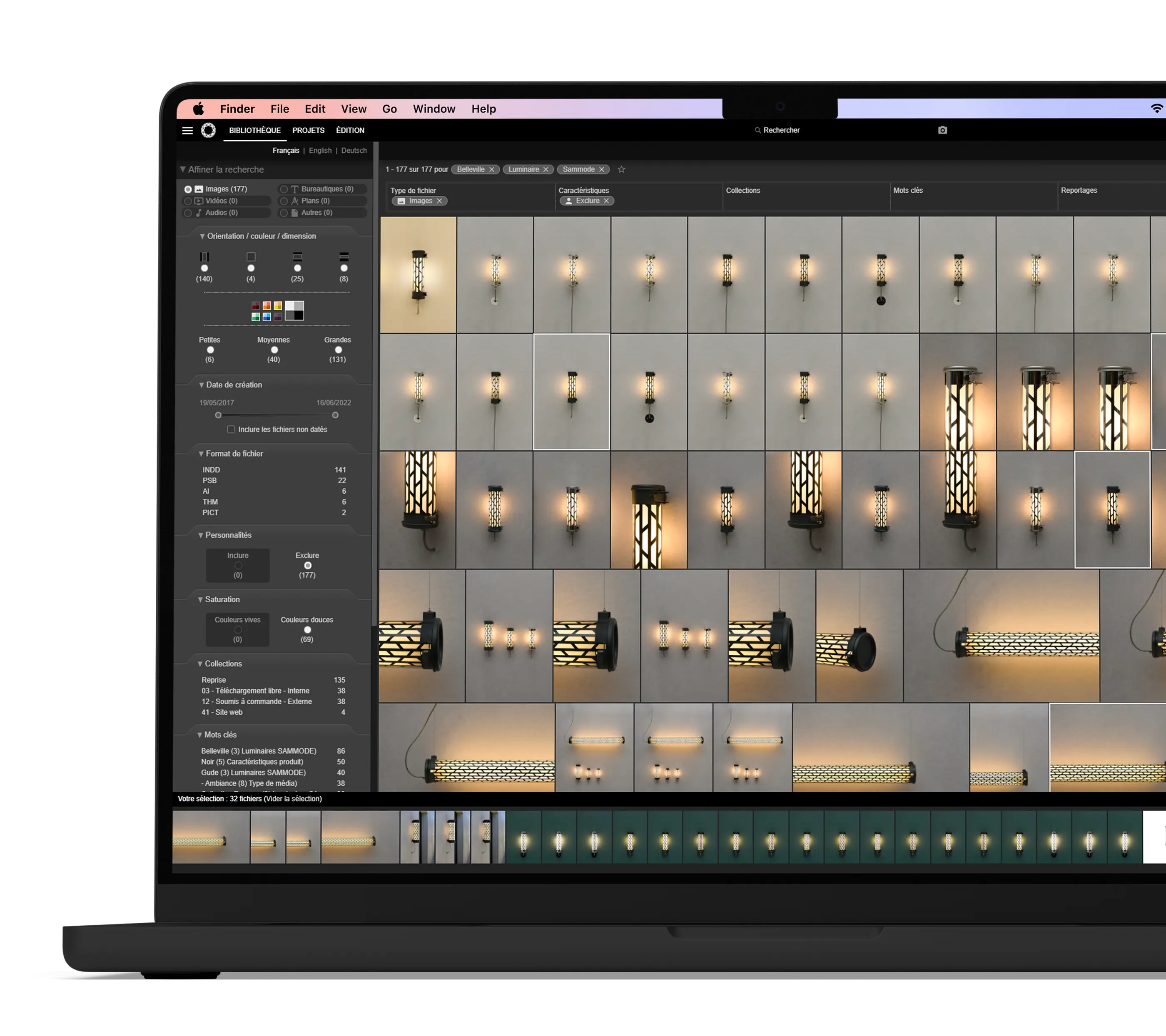 Mac avec le logiciel Ephoto Dam ouvert avec une gallerie de médias.