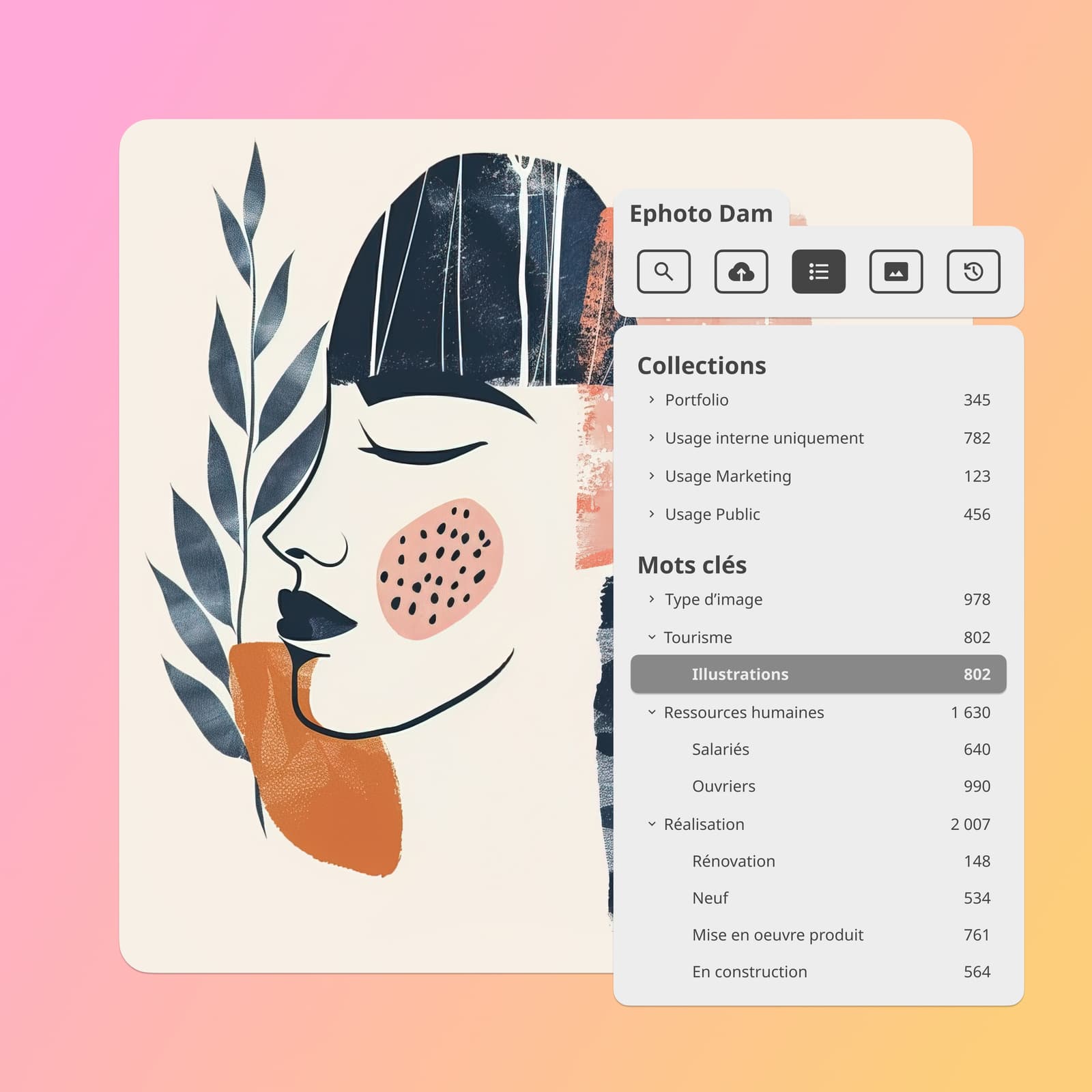 Interface du plugin Ephoto Dam pour Illustrator, intégrée à un portrait artistique, illustrant la gestion avancée des actifs numériques et l'accès direct aux médias grâce à une liste de mots clés.