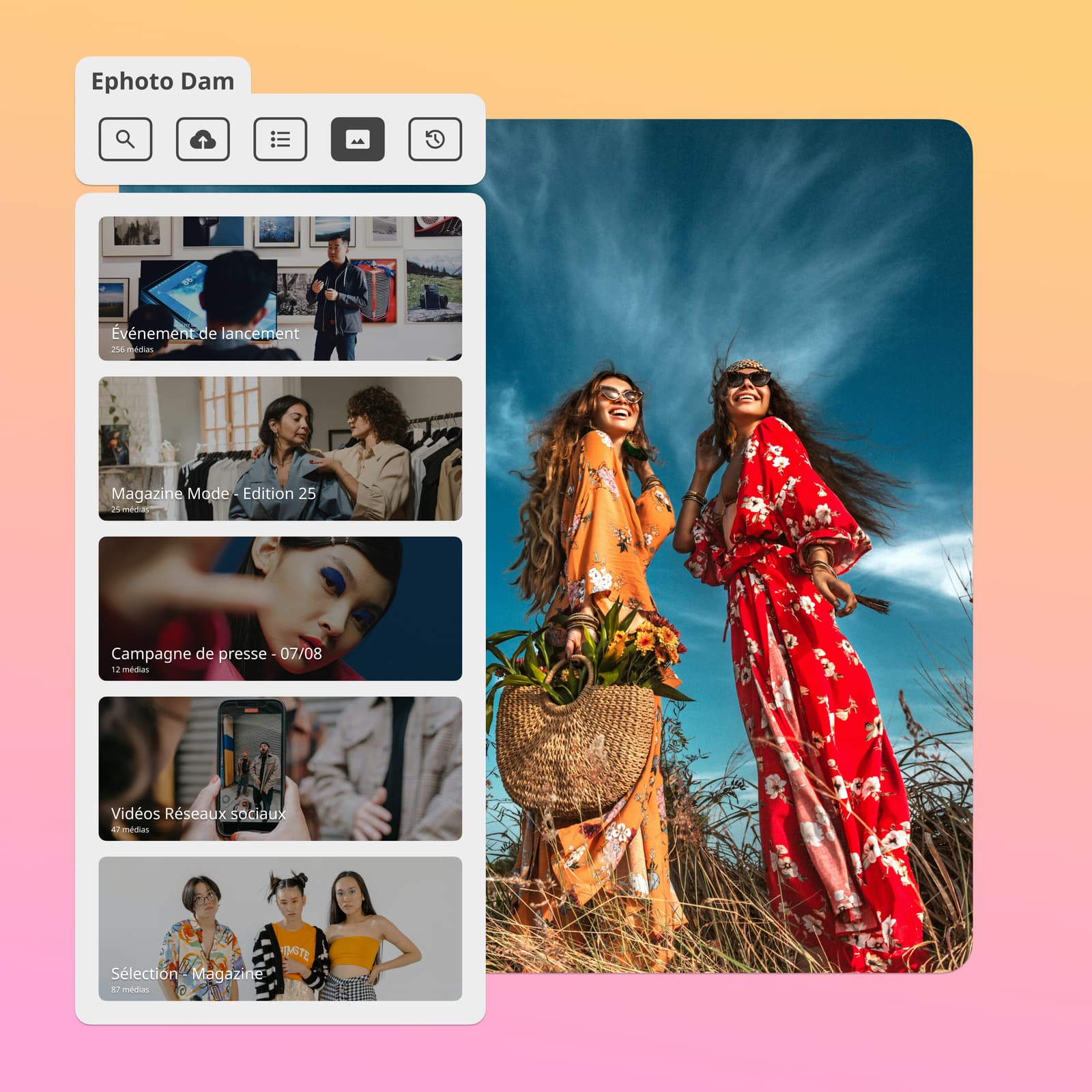 Deux femmes en arrière-plan avec l'interface du plugin Ephoto Dam pour InDesign affichant la création d'albums dans Ephoto Dam.