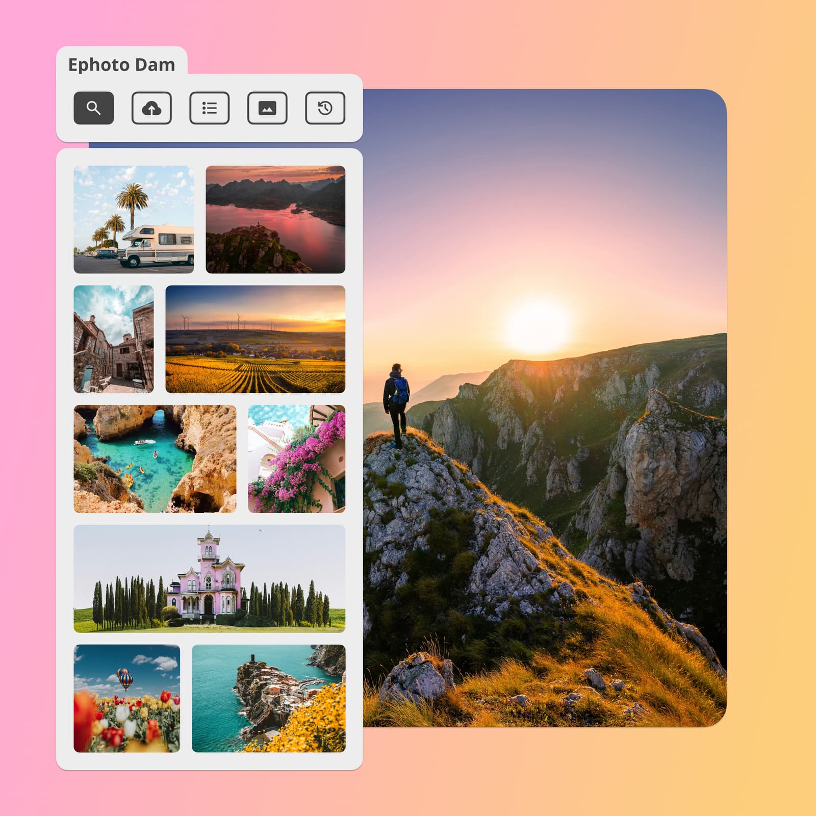 Interface du plugin Ephoto Dam pour Photoshop avec une grille de médias, sur un fond d'un homme sur une montagne.