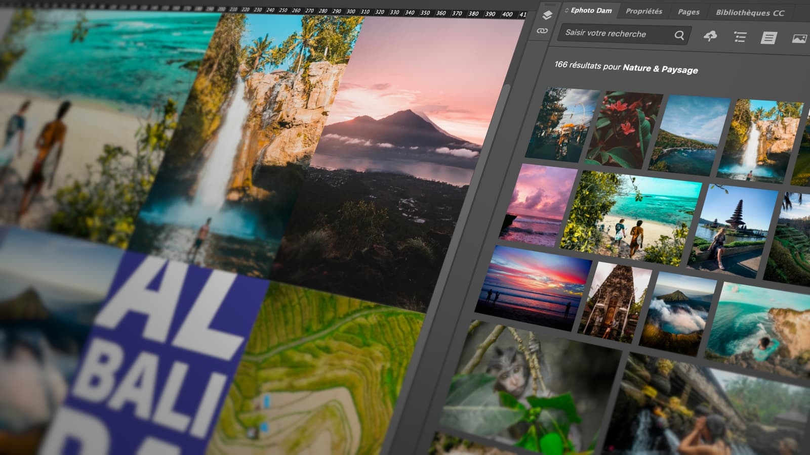 Interface d'Adobe Indesign où un visuel est en cours de création qui montre le plugin Ephoto Dam intégré directement l'outil dans la barre de réglages.