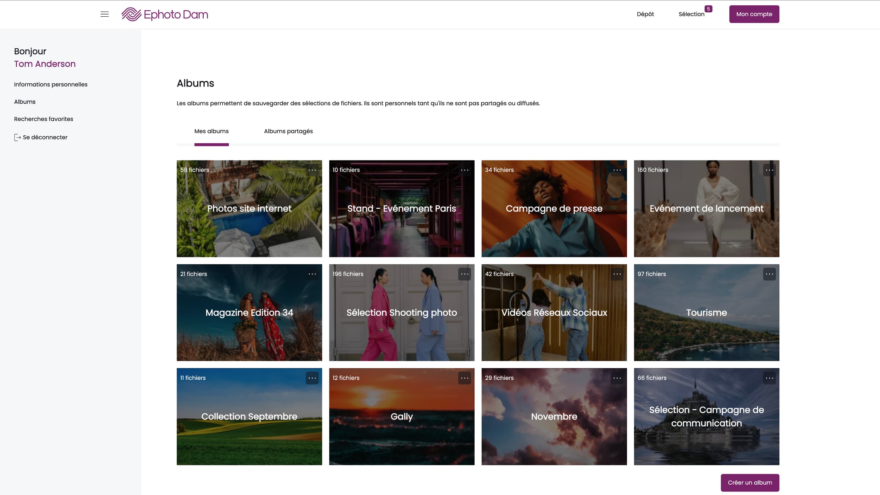 Gestion d'albums Ephoto Dam dans l'interface du Front-Office : organisation et consultation des photos partagées dans un logiciel DAM performant.