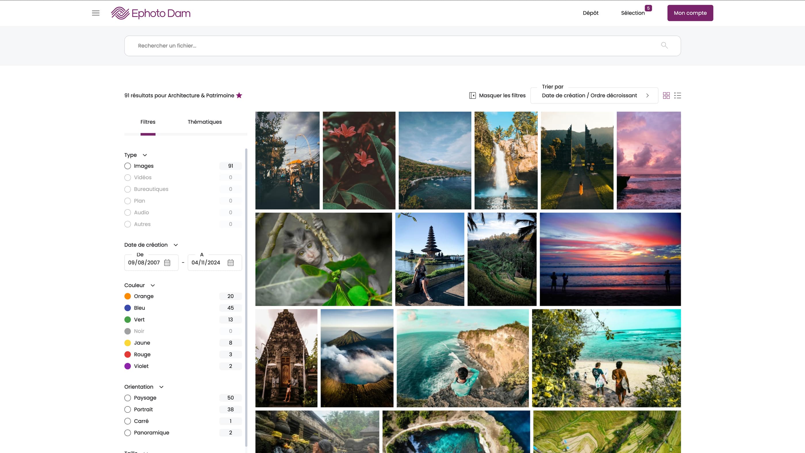 Interface de recherche du nouveau Front Office du logiciel Ephoto Dam, offrant des filtres avancés pour une gestion optimisée des actifs numériques.