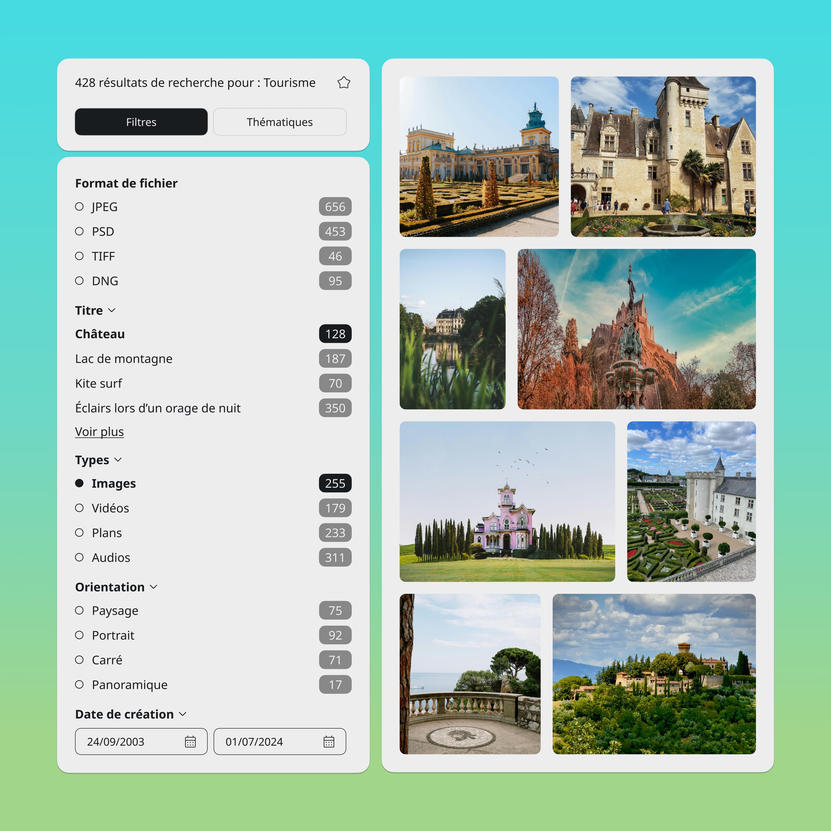 Interface intuitive du Front Office Ephoto Dam avec filtres de recherche et grille de résultats.