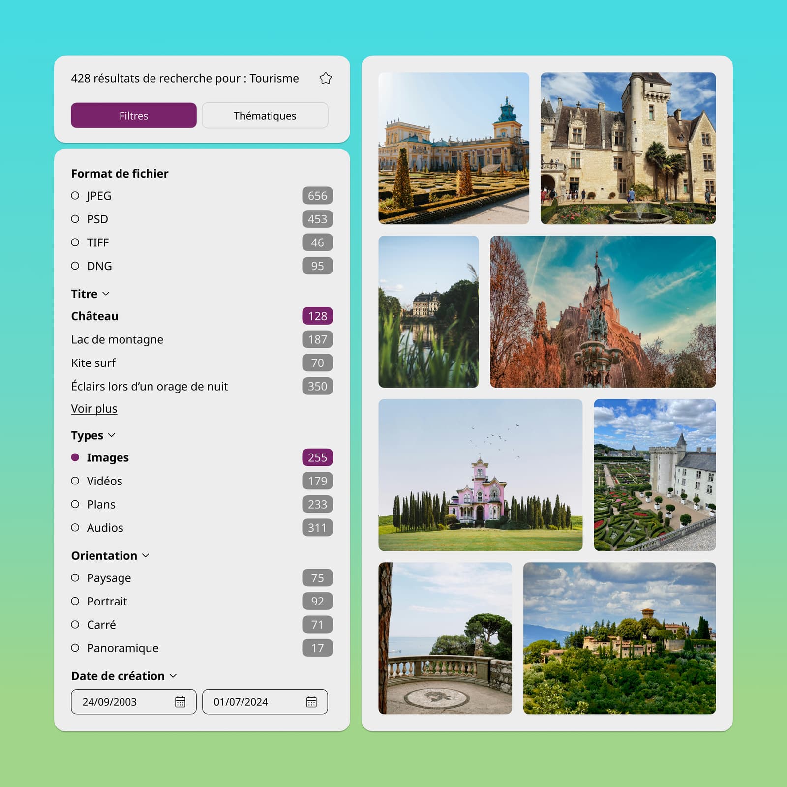 Interface intuitive du Front Office Ephoto Dam avec filtres de recherche et grille de résultats.