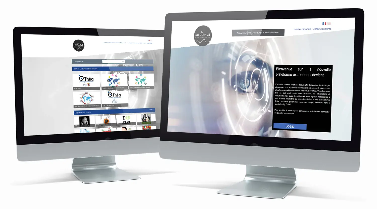 Deux Imac présentant l'interface du Front Office du laboratoire Théa Pharma
