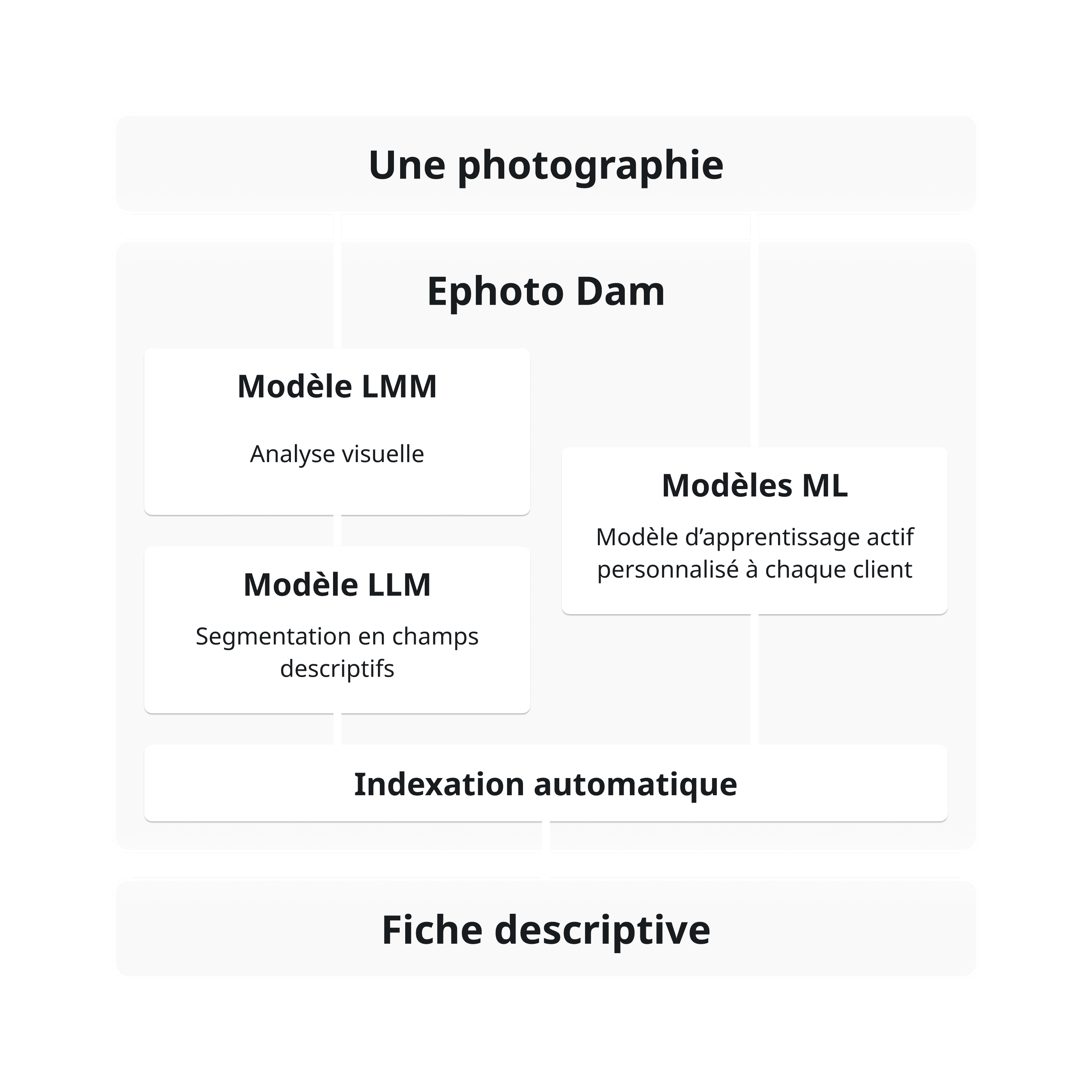 Schéma qui explique comment l'Intelligence Artificielle du laboratoire commun de recherche DAMIA LAB travaille sur une photographie géré par la solution Ephoto Dam.