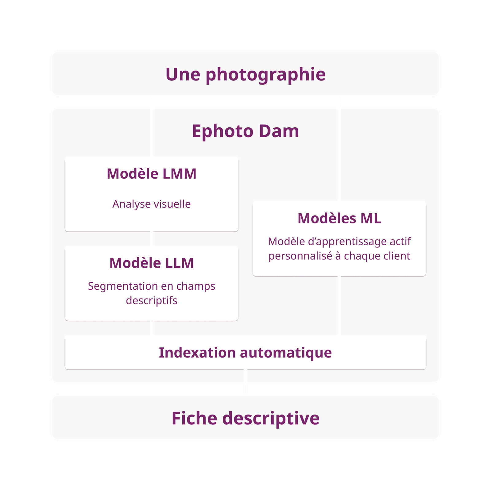 Schéma qui explique comment l'Intelligence Artificielle du laboratoire commun de recherche DAMIA LAB travaille sur une photographie géré par la solution Ephoto Dam.