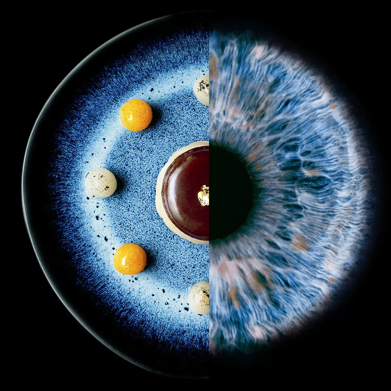 Visuel représentant un oeil coupé en deux : la partie droite représente la pupille d'un oeil et la partie gauche un visuel avec des gâteaux.