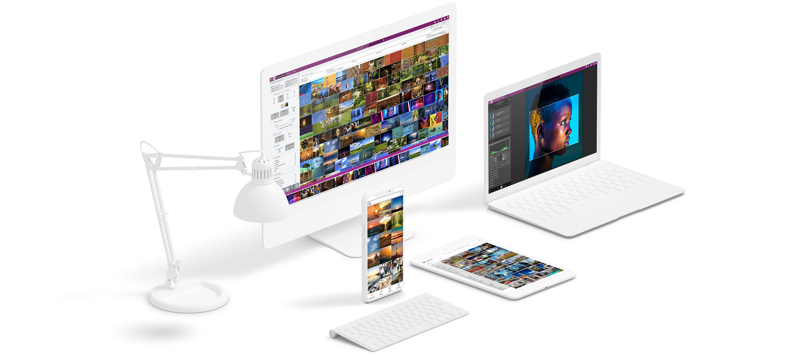 iMac, iPad, iPhone et MacBook avec l'interface du logiciel Ephoto Dam. Thème sombre et thème clair